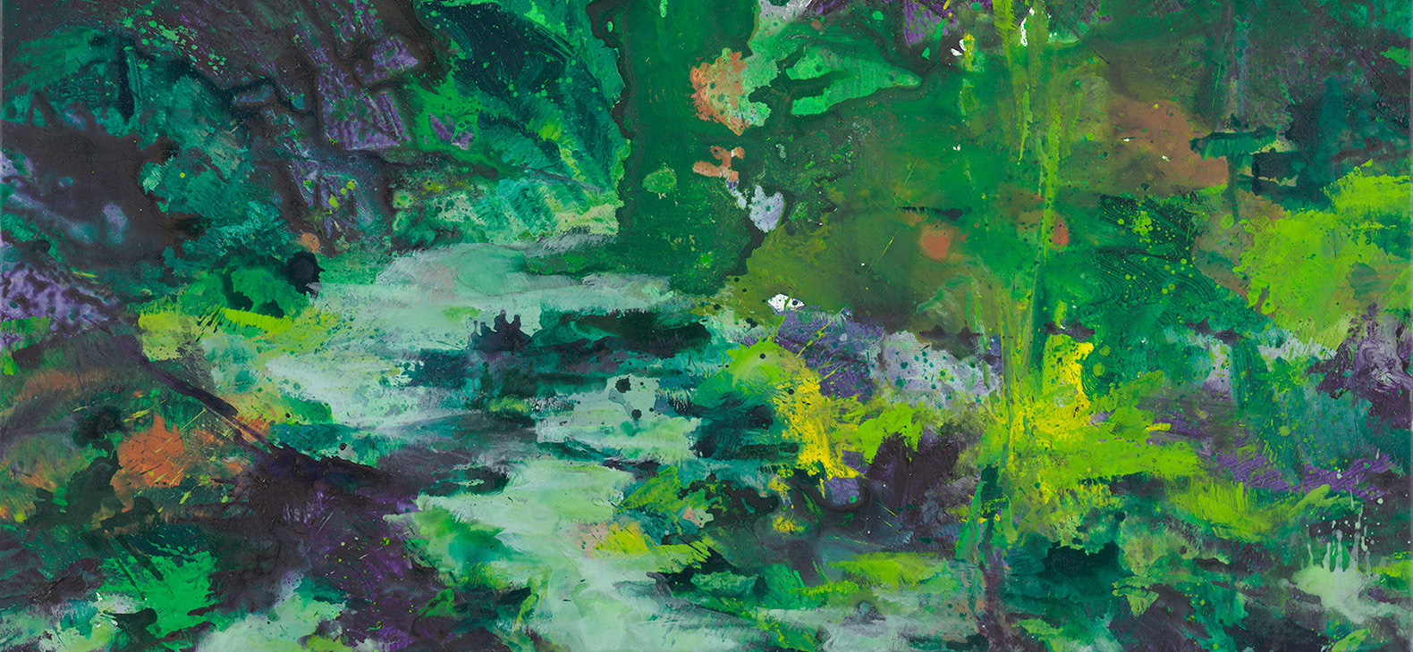 Detail of a painting by Bernd Zimmer; a watercourse and vegetal cover in an expressive manner of painting are visible; green is the dominant color