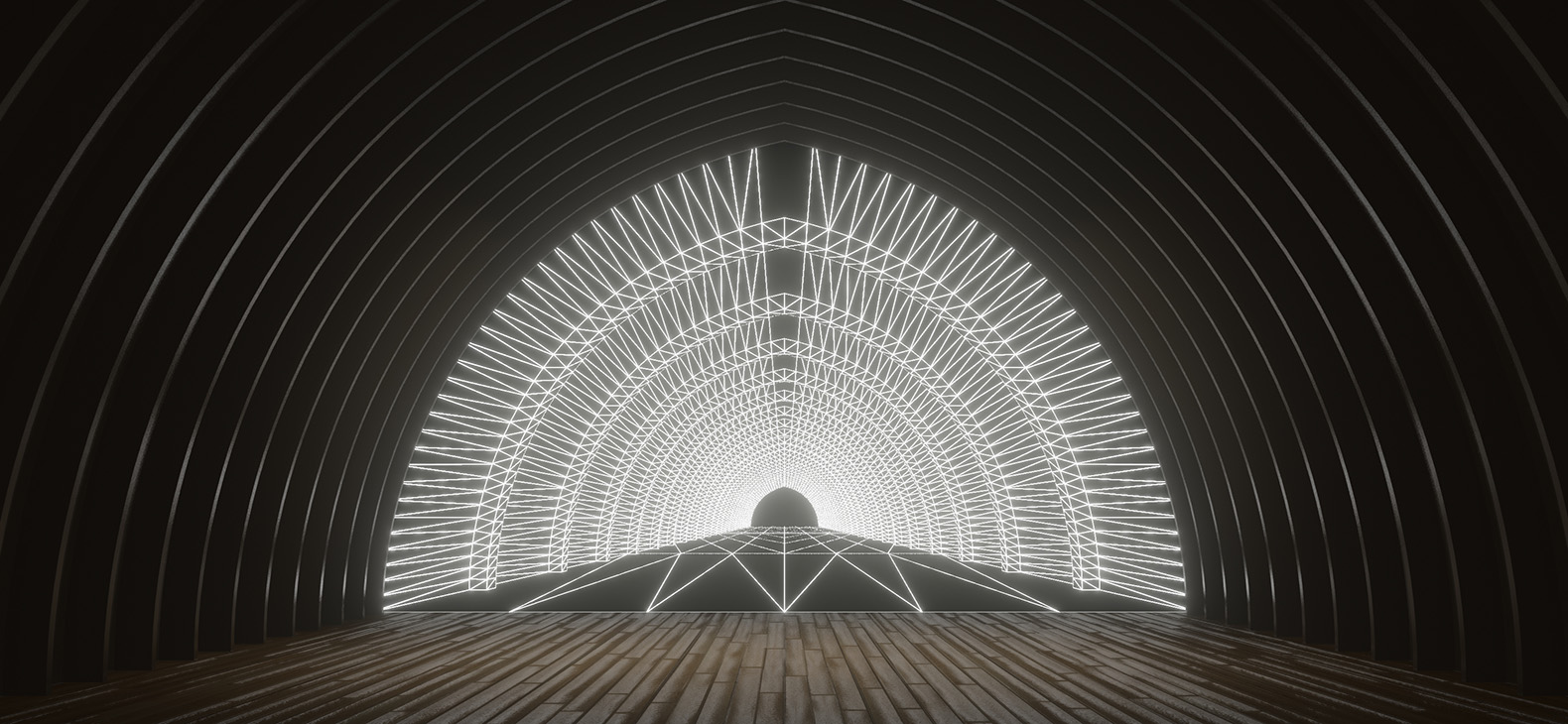 Simulation of the exhibition "Another Space" by Pavel Mrkus at the Schafhof - Europäisches Künstlerhaus Oberbayern; a complex white line structure fills the front wall of the barrel vault in the Schafhof, starting from the vanishing point of the central perspective