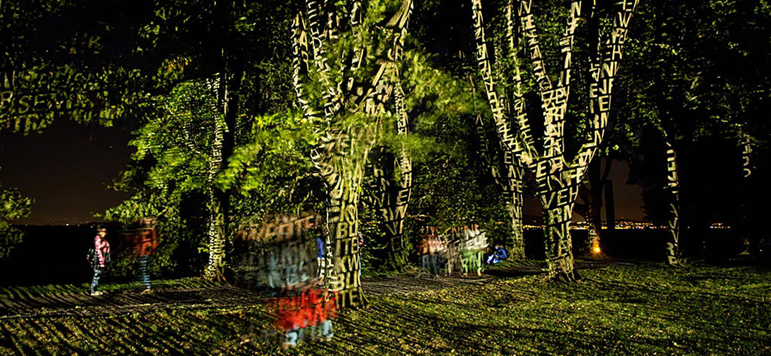 Hartung | Trenz: Parkgeschehen, Lindenhofpark in Lindau, 2015; Image: Nocturnal light projections of letters on trees and ground with visitors - color atmosphere: strong contrasts, yellow-green with red and blue color spots